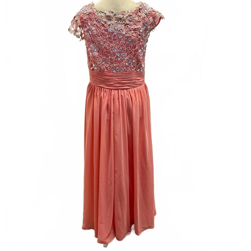 Grecian Coral Rhinestone Lace Pleated Gown Dress Short Sleeve Formal Bridesmaid - Picture 4 of 9